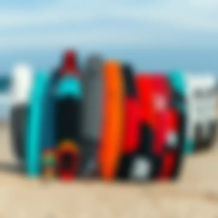 Diverse Collection of Cabrinha Kite Boards Group of various Cabrinha kite boards displayed on the beach