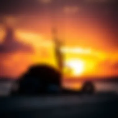 Kiteboarding gear set against a sunset background