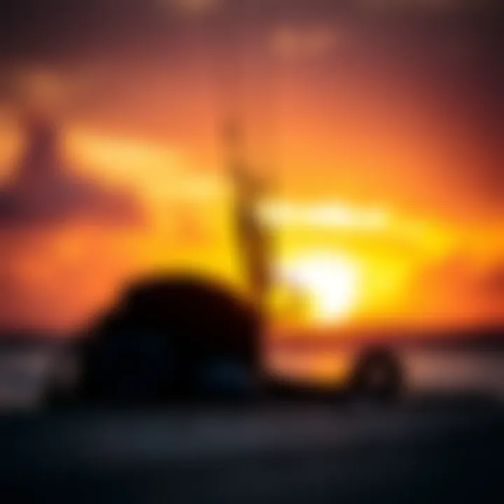 Kiteboarding gear set against a sunset background