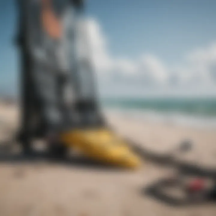 Kiteboarding equipment laid out on the beach near Clearwater Pier