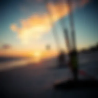 Cocoa Beach Sunset Serenity The serene coastline of Cocoa Beach at sunset with kiteboarding equipment