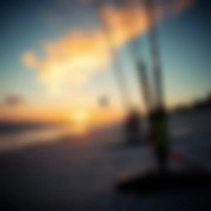 Cocoa Beach Sunset Serenity The serene coastline of Cocoa Beach at sunset with kiteboarding equipment