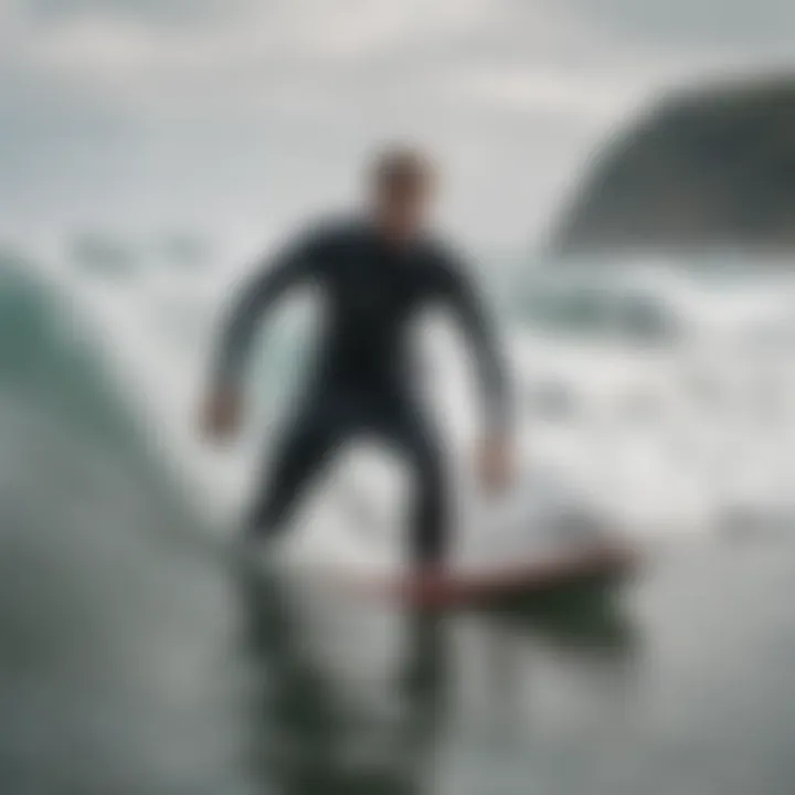 Surfer enjoying waves while wearing a drysuit