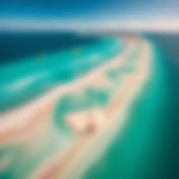 Aerial view of El Cuyo beach showcasing the stunning turquoise waters and golden sands ideal for kiteboarding.
