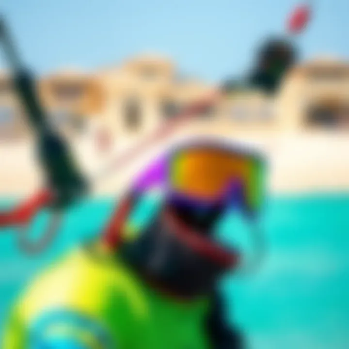 Close-up of vibrant kiteboarding gear set against the backdrop of El Cuyo's pristine beach.