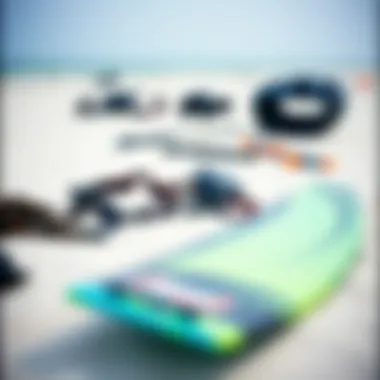 Kiteboarding equipment laid out on the beach