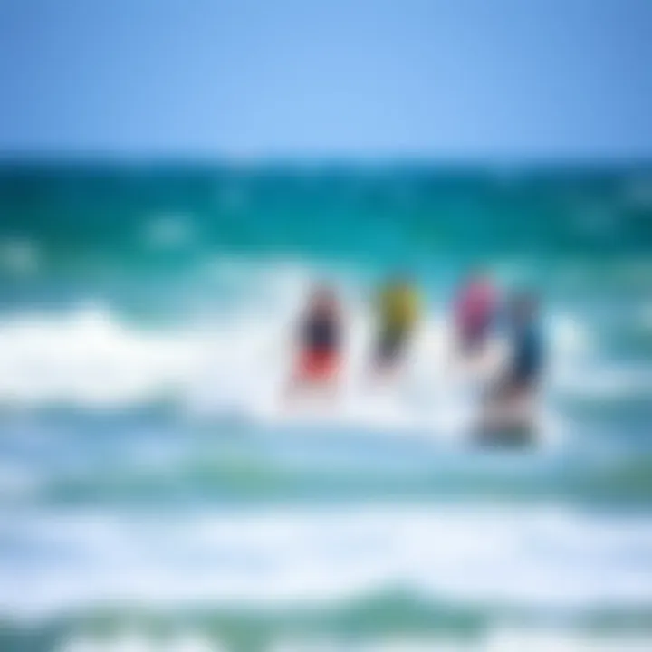 A group of kiteboarders riding the waves, illustrating the community aspect of kiteboarding in Fort Lauderdale.