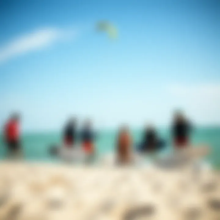 A group of kiteboarders sharing tips and experiences on the shore