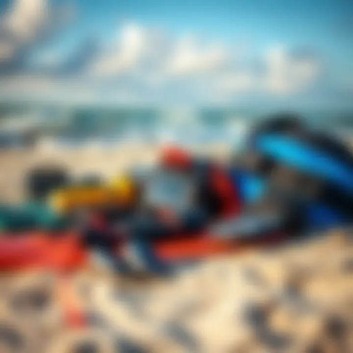 Close-up of essential kiteboarding gear laid out on the beach