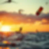Kiteboarding at Sunset in Houston A vibrant sunset illuminating kiteboarders in action on the water