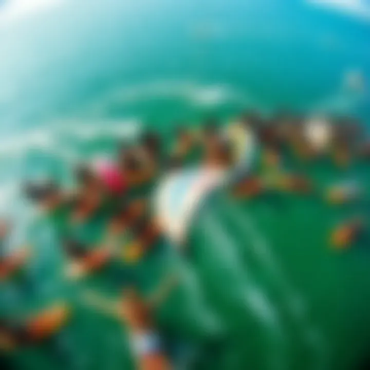 Aerial view of a hydrofoil kitesurfing event