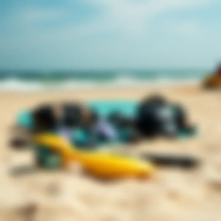 Essential Safety Gear for Kiteboarding Safety equipment laid out on the sandy beach, emphasizing essential precautions for kiteboarders.