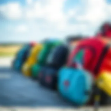 Comparison of different kite bag designs lined up for selection
