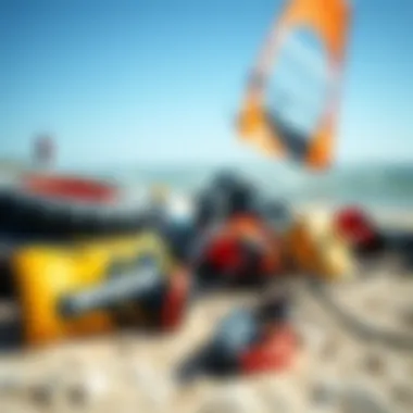 Essential Kite Sailing Gear Close-up of high-quality kite sailing equipment laid out on the beach