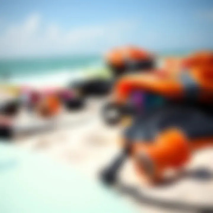 Essential Kite Surfing Gear Close-up of kite surfing gear laid out on the sand