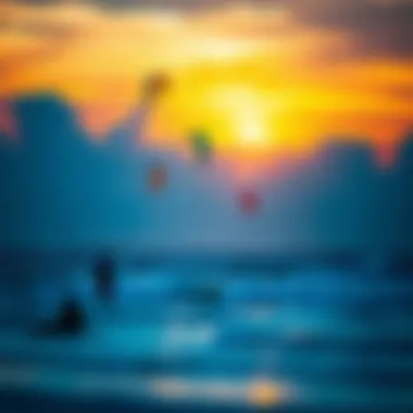 Sunset at the Kite Surfing Spot Vibrant sunset casting colors on the beach with kites in the sky