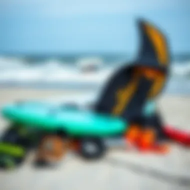 Essential Kite Surfing Gear Kite surfing equipment laid out on the beach
