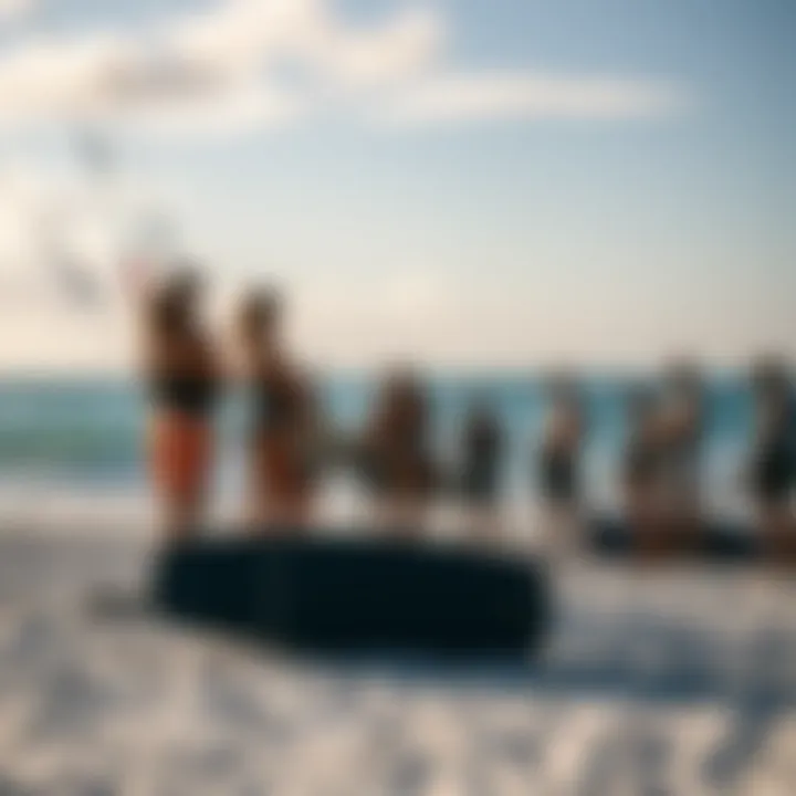 Kiteboarding community gathering at the beach with their gear.