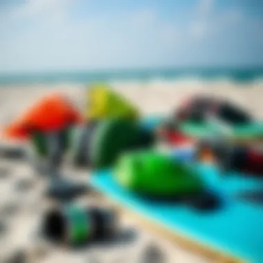 Close-up of high-quality kite surfing gear laid out on the beach.