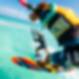 A kite surfer gliding effortlessly over turquoise waters.