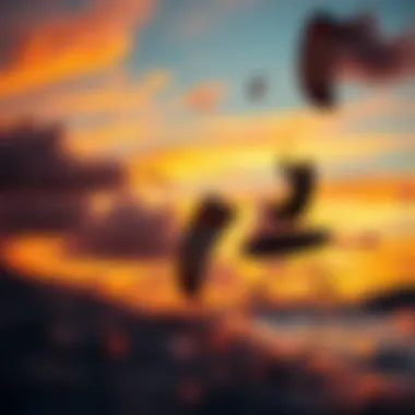 A vibrant sunset casting colorful hues over kite surfing spots.