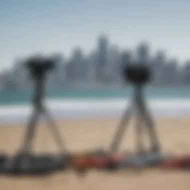 Equipment setup on the beach with San Francisco skyline