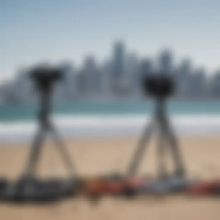 Equipment setup on the beach with San Francisco skyline