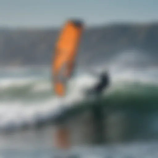 Kite surfer gliding over the waves in San Francisco Bay