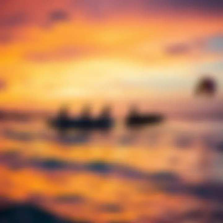 Sunset Reflection with Kite Surfers Packing Up A vibrant sunset reflecting on the water as kite surfers pack up their gear
