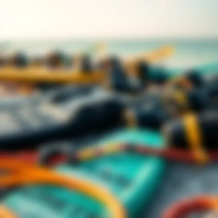 Close-up of kiteboarding equipment laid out