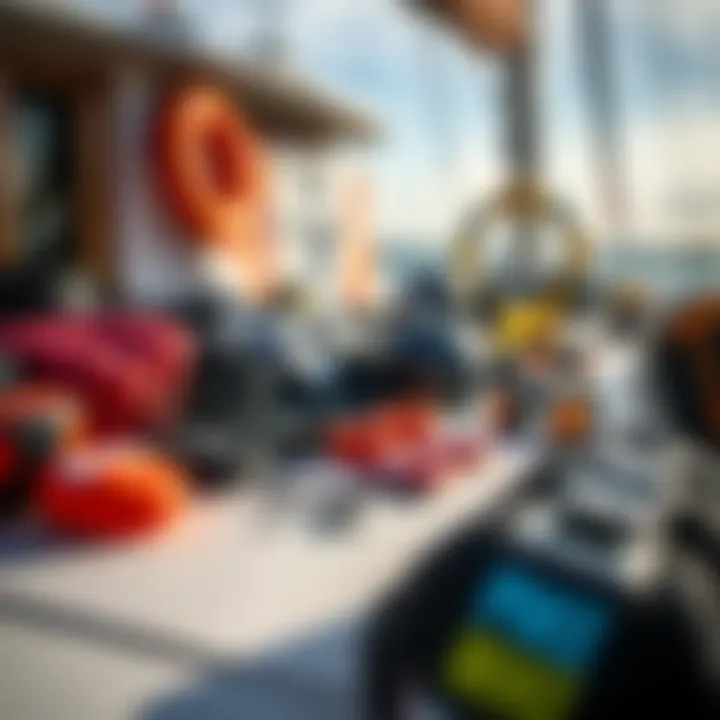 Kiteboarding gear laid out on the deck