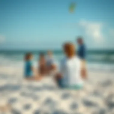 Personalized Instruction: Learning the Ropes A serene beach setting with students receiving instruction from an experienced kiteboarding coach, highlighting personalized learning.
