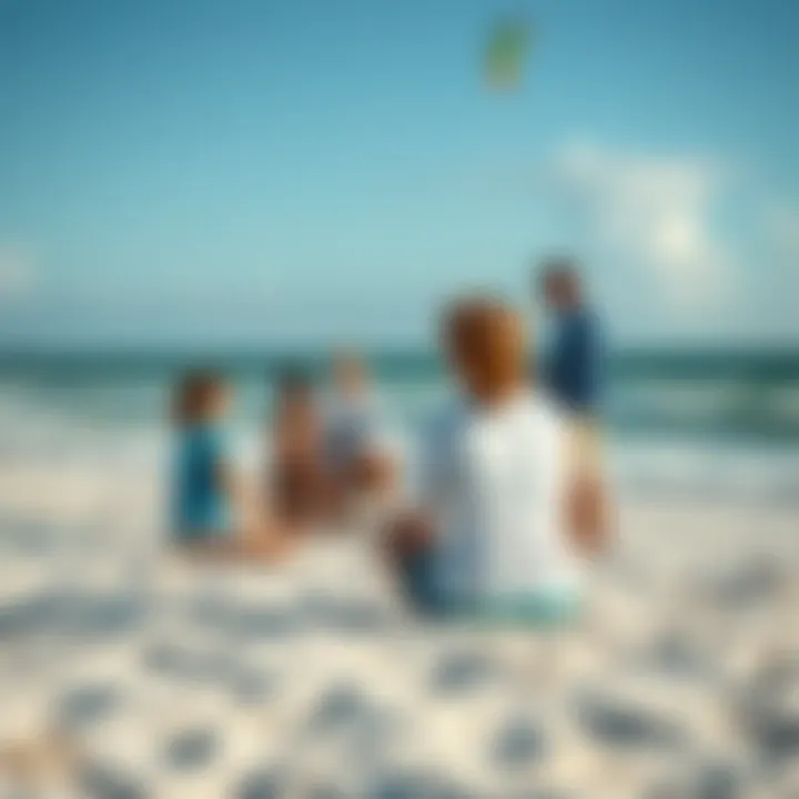 Personalized Instruction: Learning the Ropes A serene beach setting with students receiving instruction from an experienced kiteboarding coach, highlighting personalized learning.