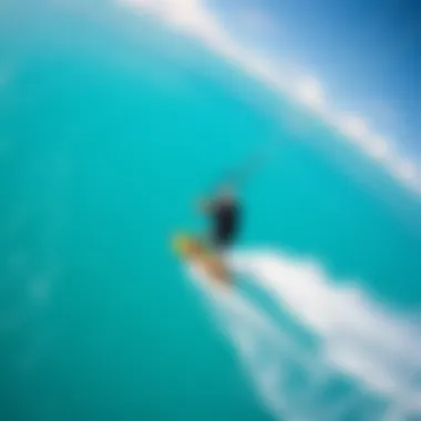 Exhilaration in the Air: Kiteboarding Adventure A breathtaking view of a kiteboarder soaring above clear blue waters, demonstrating the exhilaration of the sport.