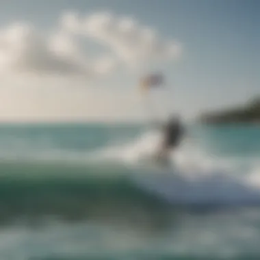 A picturesque view of kiteboarders riding the waves