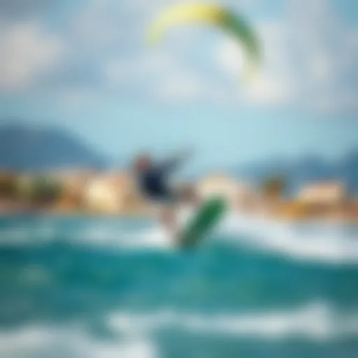 Dynamic kiteboarding action captured in a vibrant coastal setting