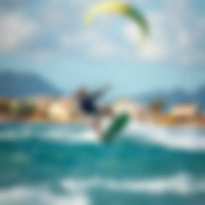 Thrilling Kiteboarding in Action Dynamic kiteboarding action captured in a vibrant coastal setting