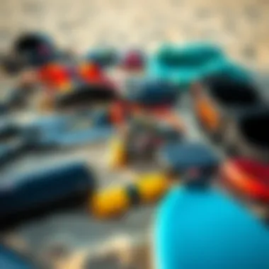 Essential Gear for Kiteboarders Close-up of essential kiteboarding gear laid out on the sand