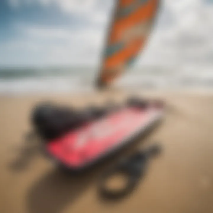 Essential kiteboarding gear displayed on a sandy beach with waves in the background