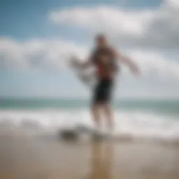 Kiteboarding instructor guiding a student on the beach