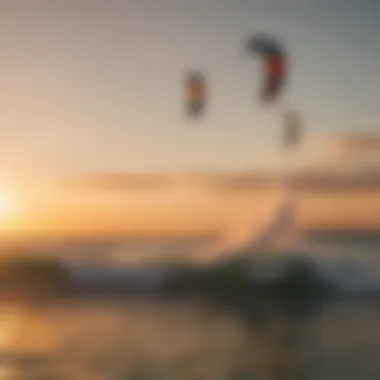 Group of kiteboarders enjoying a sunset ride