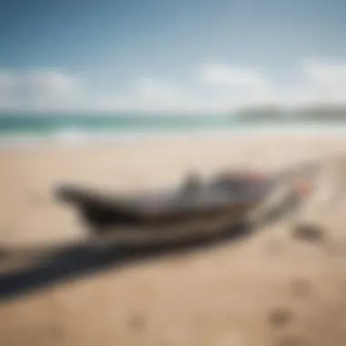 Kiteboarding gear set on a pristine beach