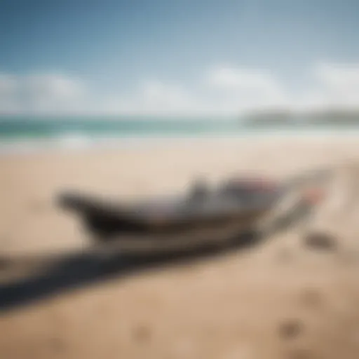 Kiteboarding gear set on a pristine beach