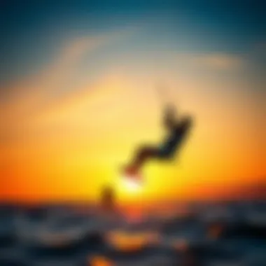 Kiteboarding at Sunset A stunning sunset backdrop showcasing kiteboarders in flight