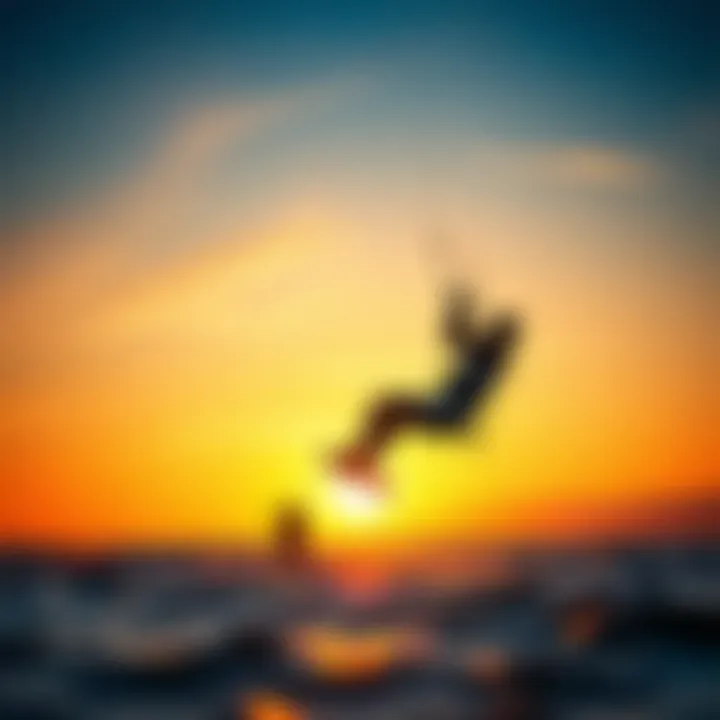 Kiteboarding at Sunset A stunning sunset backdrop showcasing kiteboarders in flight