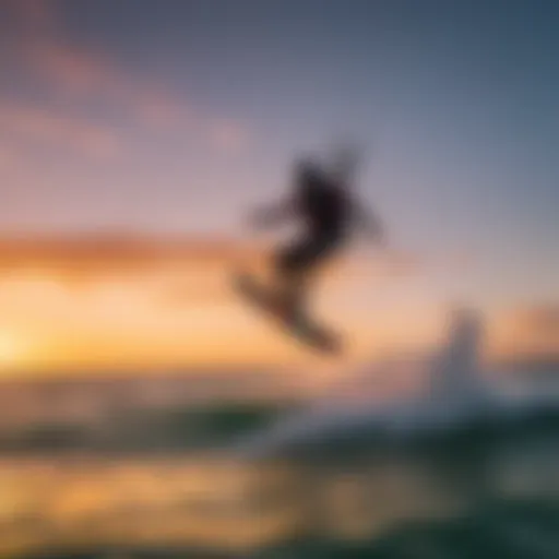 A stunning kiteboarding scene at sunset with vibrant colors in the sky