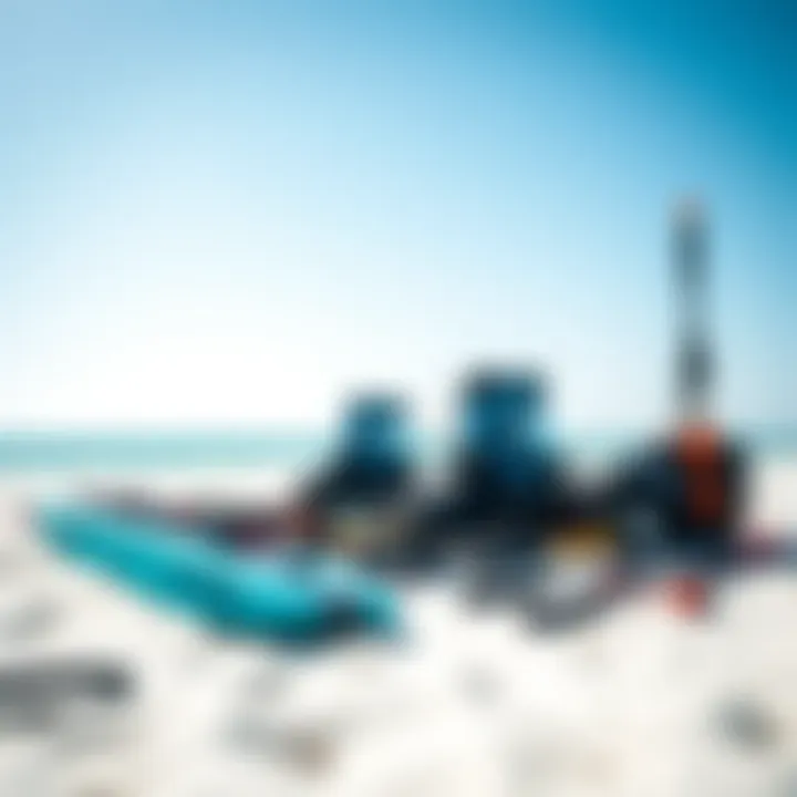 An array of kiteboarding equipment laid out on a sandy beach under a clear sky