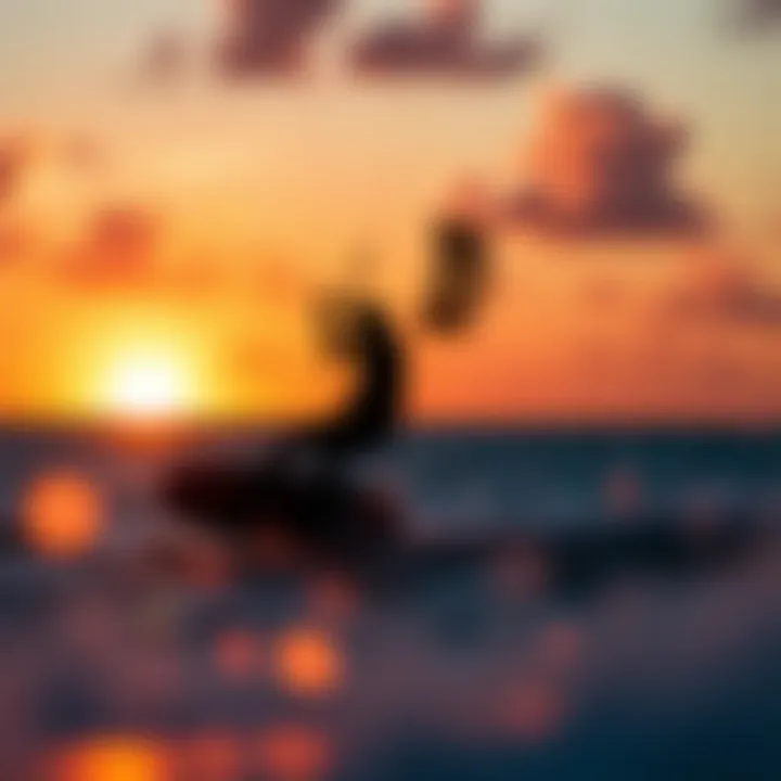 A stunning sunset over the horizon with a kiteboard silhouette