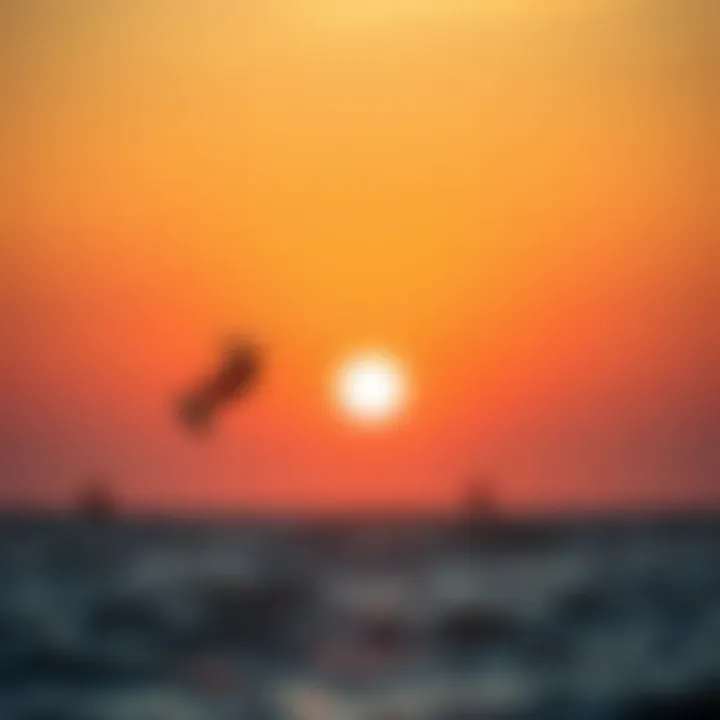 Sunset Silhouettes of Kiteboarders at West Wind A serene sunset over the water with kiteboarding silhouettes