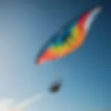 A vibrant kitesurf kite soaring in a clear blue sky